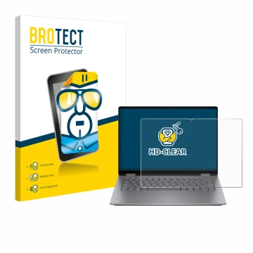 Face avant d’un emballage produit avec le logo de la marque BROTECT. À côté, l’appareil HP OmniBook X Flip 14 est représenté a