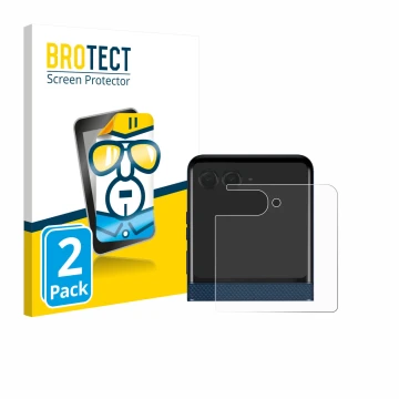 Face avant d’un emballage produit avec le logo de la marque BROTECT. À côté, l’appareil Motorola Razr 60 (Affichage arrière) e