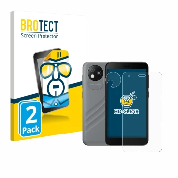 Face avant d’un emballage produit avec le logo de la marque BROTECT. À côté, l’appareil ZTE Blade A35 lite (Avant+Caméra) est 