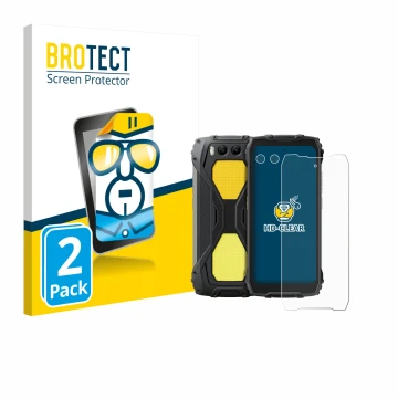 Face avant d’un emballage produit avec le logo de la marque BROTECT. À côté, l’appareil Blackview BV7300 (Avant+Caméra) est re