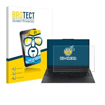 Face avant d’un emballage produit avec le logo de la marque BROTECT. À côté, l’appareil Lenovo ThinkPad E16 Gen 3 est représen