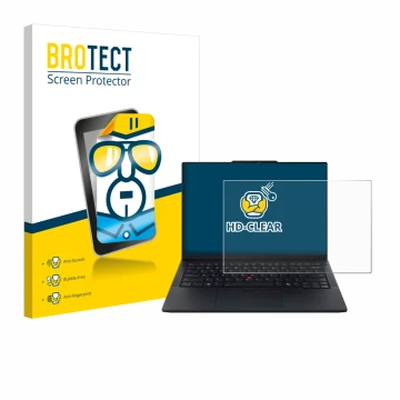 Face avant d’un emballage produit avec le logo de la marque BROTECT. À côté, l’appareil Lenovo ThinkPad E14 Gen 7 est représen