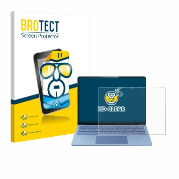 Face avant d’un emballage produit avec le logo de la marque BROTECT. À côté, l’appareil Microsoft Surface Laptop 13.8