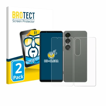 Face avant d’un emballage produit avec le logo de la marque BROTECT. À côté, l’appareil Sony Xperia 1 VII (Avant+Arrière) est 