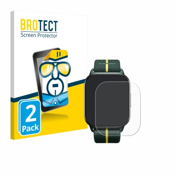 Face avant d’un emballage produit avec le logo de la marque BROTECT. À côté, l’appareil Motorola Moto watch fit est représenté