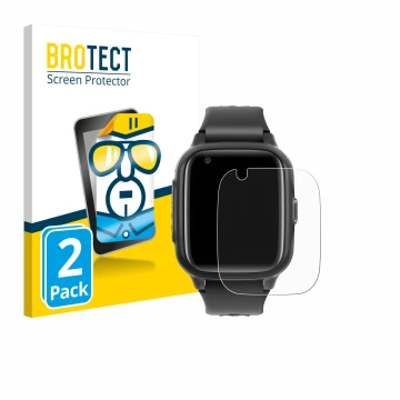 Face avant d’un emballage produit avec le logo de la marque BROTECT. À côté, l’appareil Krostming Kids Smartwatch GPS 4G est r