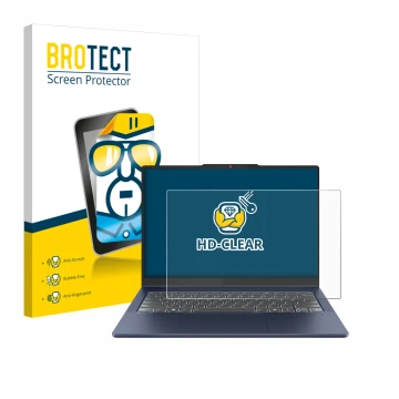 Face avant d’un emballage produit avec le logo de la marque BROTECT. À côté, l’appareil Lenovo IdeaPad 5 2-in-1 Gen 10 14