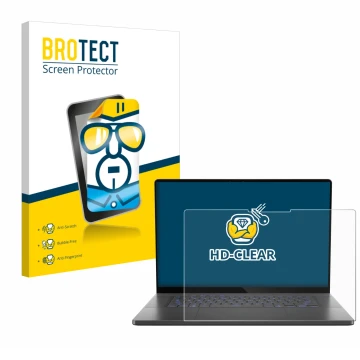 Face avant d’un emballage produit avec le logo de la marque BROTECT. À côté, l’appareil ASUS ROG Zephyrus G16 2025 est représe