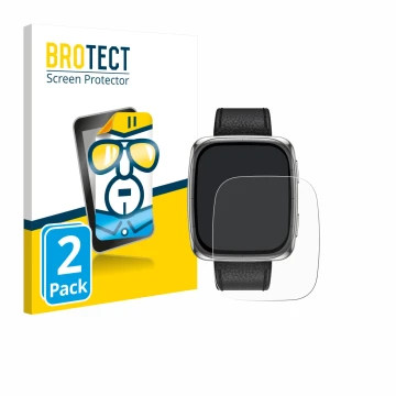 Face avant d’un emballage produit avec le logo de la marque BROTECT. À côté, l’appareil Amazfit Active 2 (rectangulaire) est r