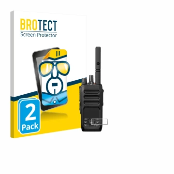 Face avant d’un emballage produit avec le logo de la marque BROTECT. À côté, l’appareil Motorola MOTOTRBO R5 est représenté av