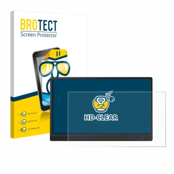 Face avant d’un emballage produit avec le logo de la marque BROTECT. À côté, l’appareil ASUS ZenScreen MB166C est représenté a