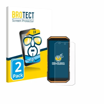 Face avant d’un emballage produit avec le logo de la marque BROTECT. À côté, l’appareil Ulefone Armor X32 Pro est représenté a