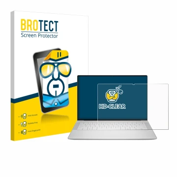 Face avant d’un emballage produit avec le logo de la marque BROTECT. À côté, l’appareil Dell 14 Premium Laptop est représenté 