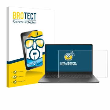 Face avant d’un emballage produit avec le logo de la marque BROTECT. À côté, l’appareil ASUS Chromebook Plus CX14 est représen