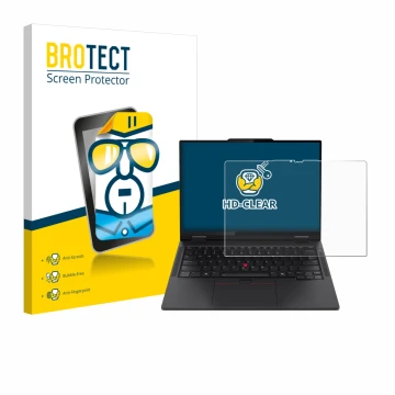 Face avant d’un emballage produit avec le logo de la marque BROTECT. À côté, l’appareil Lenovo ThinkPad T14s 2-in-1 est représ