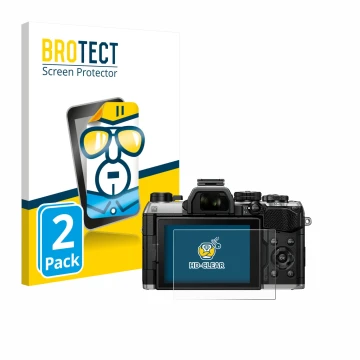 Face avant d’un emballage produit avec le logo de la marque BROTECT. À côté, l’appareil Olympus OM System OM-5 Mark II est rep