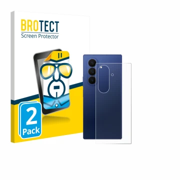 Face avant d’un emballage produit avec le logo de la marque BROTECT. À côté, l’appareil Samsung Galaxy Z Fold 7 (Arrière) est 