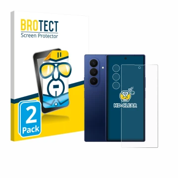 Face avant d’un emballage produit avec le logo de la marque BROTECT. À côté, l’appareil Samsung Galaxy Z Fold 7 (Avant+Caméra)