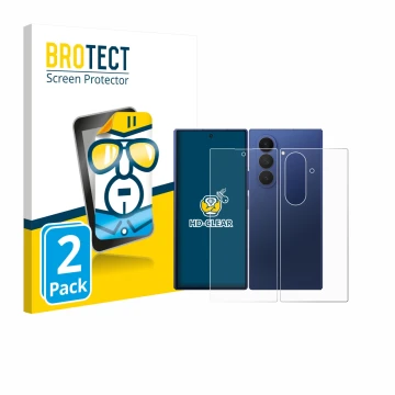 Face avant d’un emballage produit avec le logo de la marque BROTECT. À côté, l’appareil Samsung Galaxy Z Fold 7 (Avant+Arrière