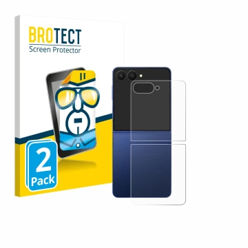 Face avant d’un emballage produit avec le logo de la marque BROTECT. À côté, l’appareil Samsung Galaxy Z Flip 7 (Arrière) est 