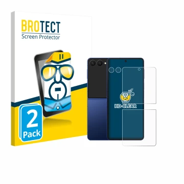 Face avant d’un emballage produit avec le logo de la marque BROTECT. À côté, l’appareil Samsung Galaxy Z Flip 7 (Avant+Caméra)