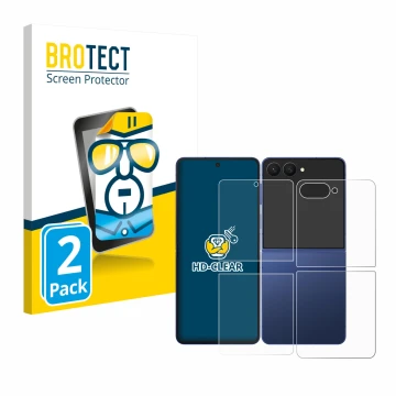 Face avant d’un emballage produit avec le logo de la marque BROTECT. À côté, l’appareil Samsung Galaxy Z Flip 7 (Avant+Arrière