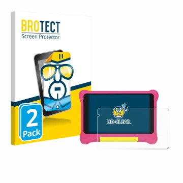 Face avant d’un emballage produit avec le logo de la marque BROTECT. À côté, l’appareil Happybe Kids Tablet 7