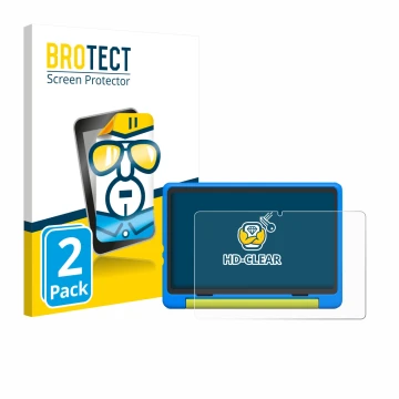 Face avant d’un emballage produit avec le logo de la marque BROTECT. À côté, l’appareil Happybe Kids Tablet 10