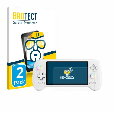 Face avant d’un emballage produit avec le logo de la marque BROTECT. À côté, l’appareil Anbernic RG557 est représenté avec la 