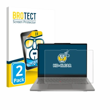 Face avant d’un emballage produit avec le logo de la marque BROTECT. À côté, l’appareil Lenovo ThinkPad L13 2-in-1 Gen 6 est r