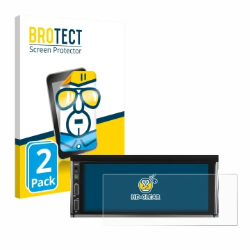 Face avant d’un emballage produit avec le logo de la marque BROTECT. À côté, l’appareil Hikity Carplay 6.86