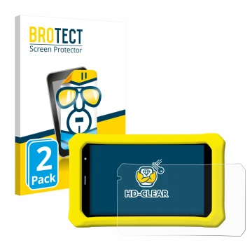 Face avant d’un emballage produit avec le logo de la marque BROTECT. À côté, l’appareil Clementoni Clempad 8