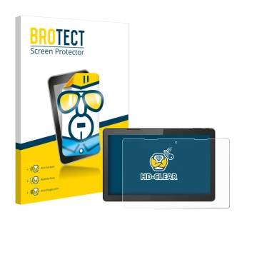 Face avant d’un emballage produit avec le logo de la marque BROTECT. À côté, l’appareil Hannspree Pad 13.3