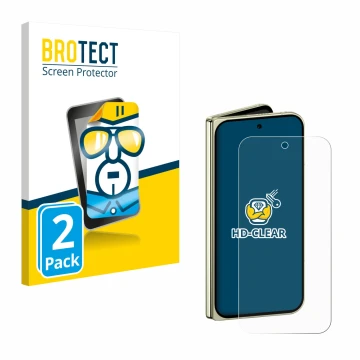 Face avant d’un emballage produit avec le logo de la marque BROTECT. À côté, l’appareil Google Pixel 10 Pro Fold est représent