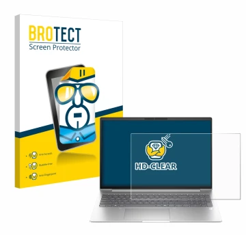 Face avant d’un emballage produit avec le logo de la marque BROTECT. À côté, l’appareil HP EliteBook 6 G1i 16 est représenté a