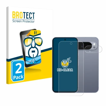 Face avant d’un emballage produit avec le logo de la marque BROTECT. À côté, l’appareil Google Pixel 10 Pro XL (Avant+Caméra) 