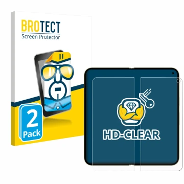 Face avant d’un emballage produit avec le logo de la marque BROTECT. À côté, l’appareil Google Pixel 10 Pro Fold (Affichage in