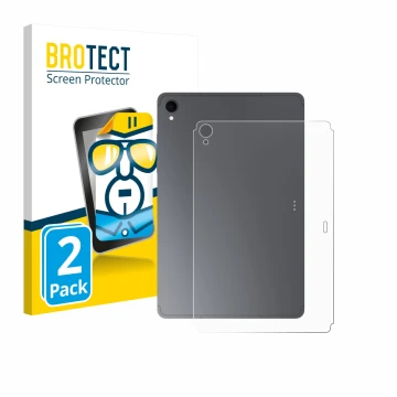 Face avant d’un emballage produit avec le logo de la marque BROTECT. À côté, l’appareil Samsung Galaxy Tab S11 (Arrière) est r