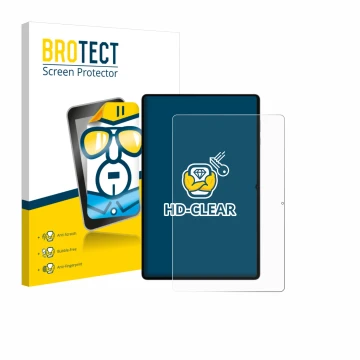 Face avant d’un emballage produit avec le logo de la marque BROTECT. À côté, l’appareil Samsung Galaxy Tab S11 Ultra (portrait