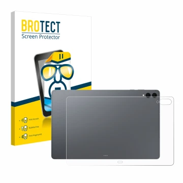 Face avant d’un emballage produit avec le logo de la marque BROTECT. À côté, l’appareil Samsung Galaxy Tab S11 Ultra (Arrière)