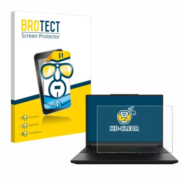 Face avant d’un emballage produit avec le logo de la marque BROTECT. À côté, l’appareil XMG Pro 16 est représenté avec la prot