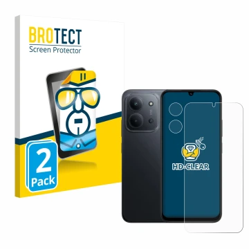 Face avant d’un emballage produit avec le logo de la marque BROTECT. À côté, l’appareil Xiaomi Redmi 15C (Avant+Caméra) est re