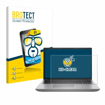 Face avant d’un emballage produit avec le logo de la marque BROTECT. À côté, l’appareil HP ZBook Fury 16 G11 Non-Touch est rep
