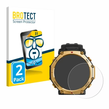 Face avant d’un emballage produit avec le logo de la marque BROTECT. À côté, l’appareil Huami Amazfit T-Rex 3 Pro (48 mm) est 