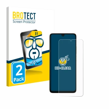 Face avant d’un emballage produit avec le logo de la marque BROTECT. À côté, l’appareil Motorola Moto G06 est représenté avec 