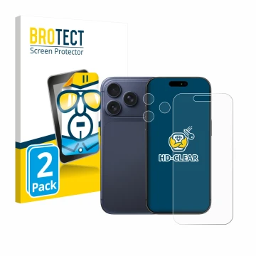 Face avant d’un emballage produit avec le logo de la marque BROTECT. À côté, l’appareil Apple iPhone 17 Pro (Avant+Caméra) est