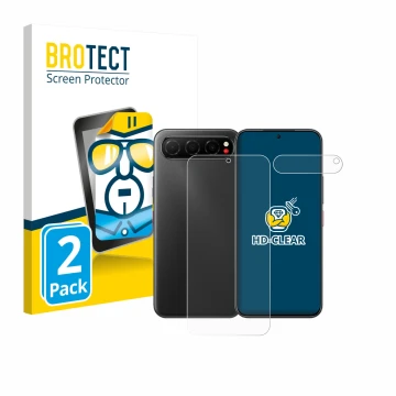 Face avant d’un emballage produit avec le logo de la marque BROTECT. À côté, l’appareil Nubia Air (Avant+Caméra) est représent