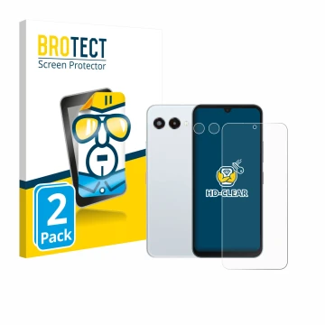 Face avant d’un emballage produit avec le logo de la marque BROTECT. À côté, l’appareil Telekom T Phone 3 (Avant+Caméra) est r