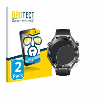 Face avant d’un emballage produit avec le logo de la marque BROTECT. À côté, l’appareil Huawei Watch Ultimate 2 Black est repr