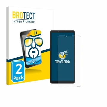 Face avant d’un emballage produit avec le logo de la marque BROTECT. À côté, l’appareil Sony Xperia 10 VII est représenté avec